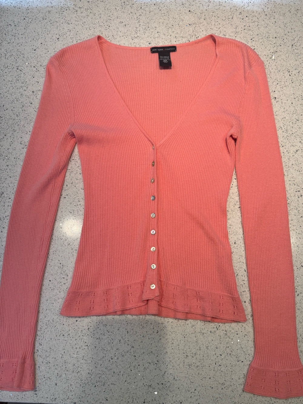 New York & Company Pink Ribbed Button-Up Sweater